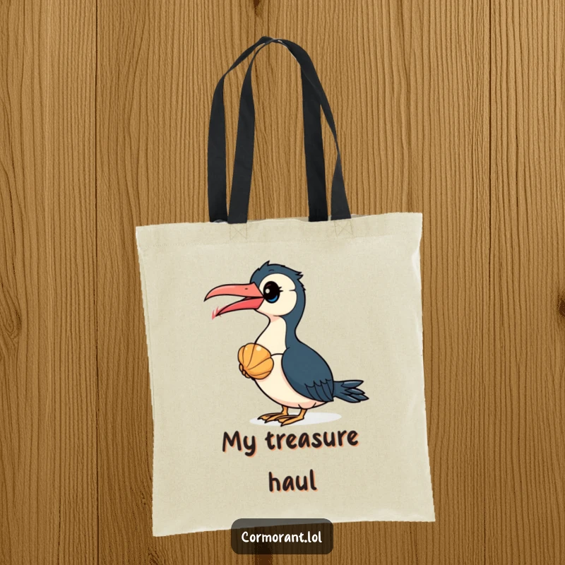 Funny Cormorant Tote Bag: A curious cormorant bird intently studies a vibrant seashell, celebrating nature's wonders humorously.