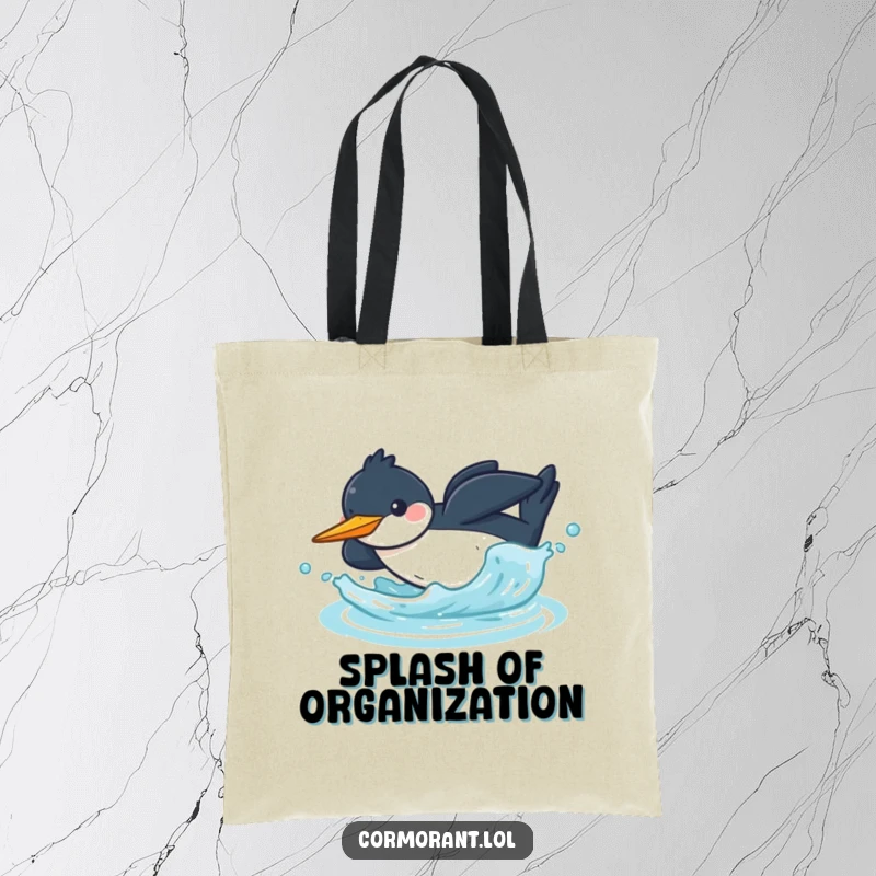 Funny kawaii cormorant tote bag showing a cheerful bird diving headfirst into water with a splash, great for daily use.