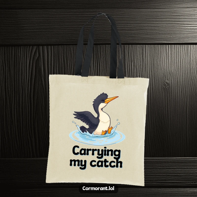 Funny Cormorant Tote Bag: A cormorant playfully splashes in a small pool, perfect for carrying your aquatic adventures and essentials.