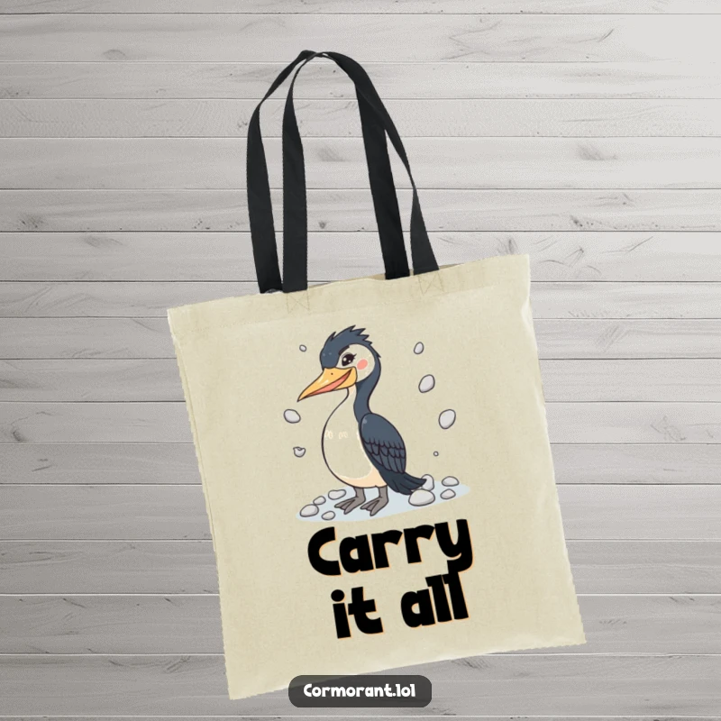 Funny cormorant tote bag with a winking bird juggling pebbles, perfect for carrying essentials with flair.