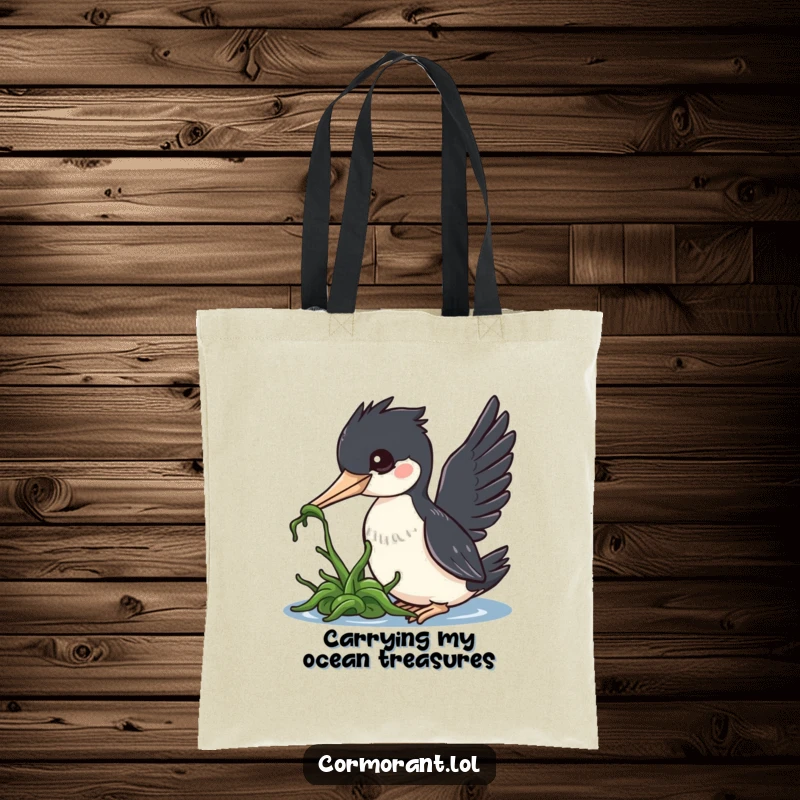 Funny cormorant tote bag featuring a kawaii bird playfully nudging seaweed, perfect for beach trips or daily errands.