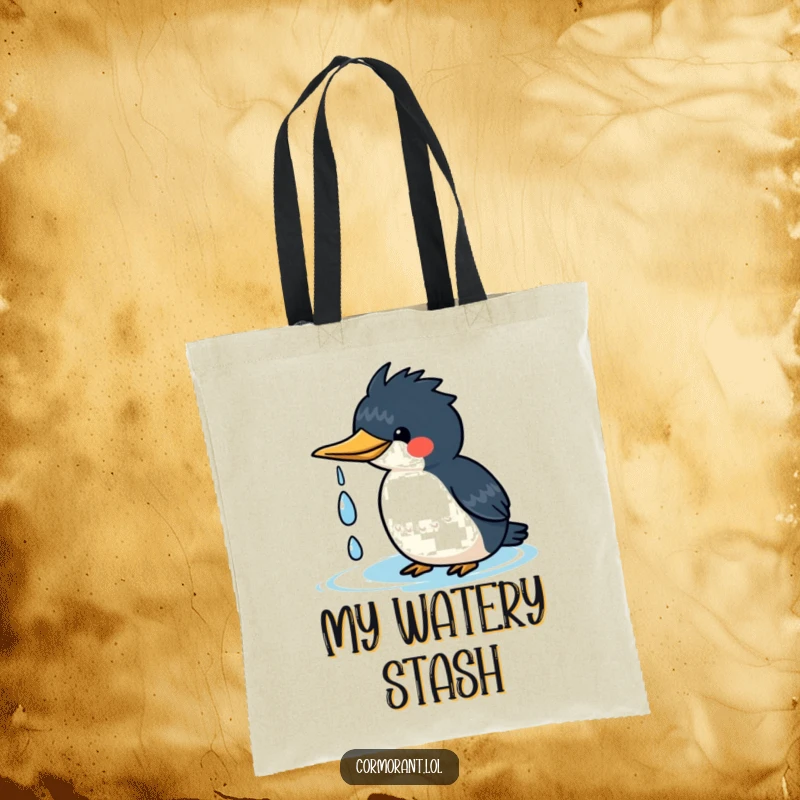 Funny kawaii cormorant tote bag showing a cute bird happily shaking water droplets off its head, perfect for carrying items.
