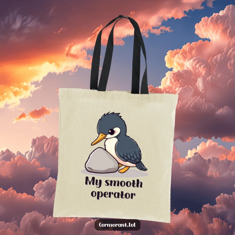Funny kawaii cormorant nuzzling a smooth stone, durable tote bag art, eco-friendly accessory, excellent funny gift.