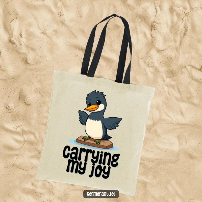 Funny tote bag showcasing a kawaii cormorant doing a silly wiggle on a dock, looking quite pleased, a portable bundle of cheer.