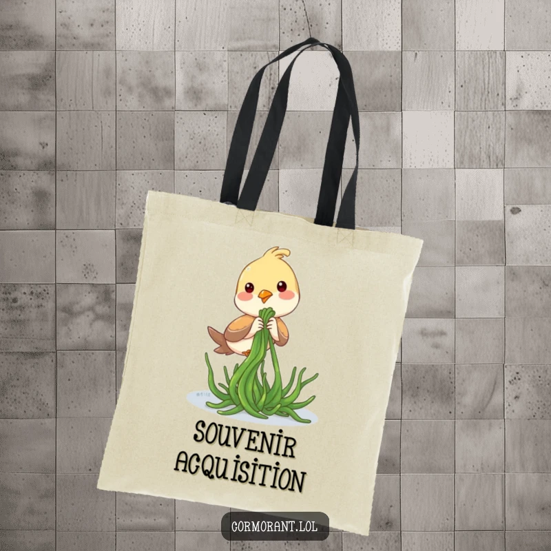 Funny Tote Bag: A bird playfully tugging on seaweed, perfect for carrying beach finds and laughter.