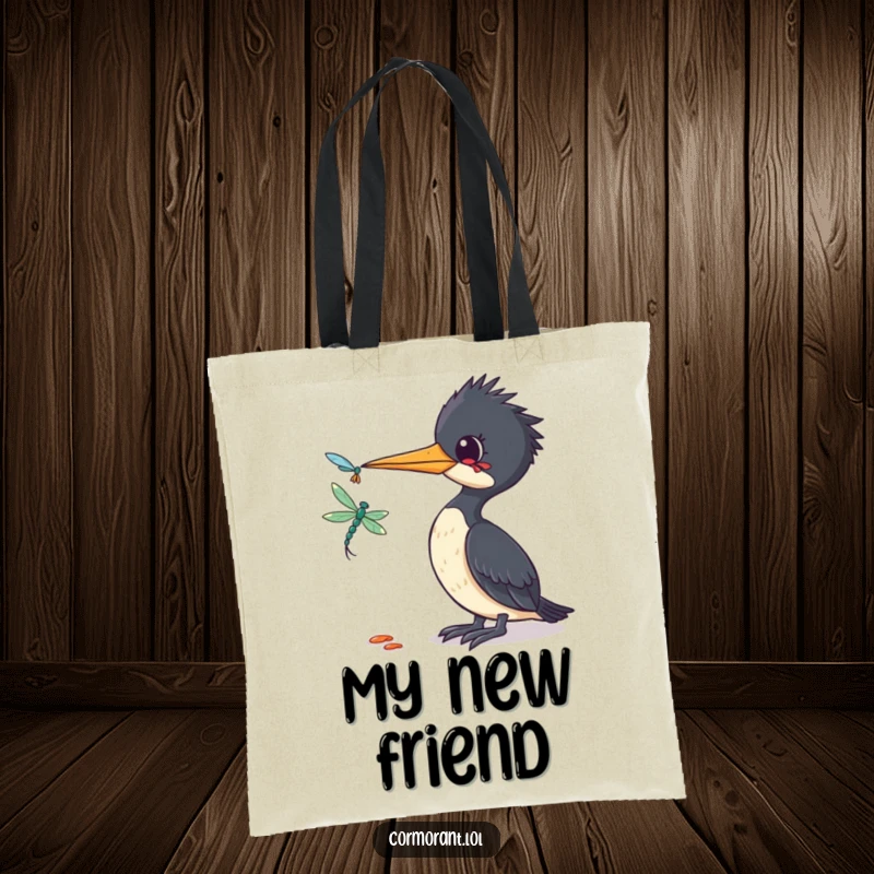 Funny Cormorant Tote Bag: A tote bag showcasing a funny cormorant tilting its head sideways, curiously watching a dragonfly.